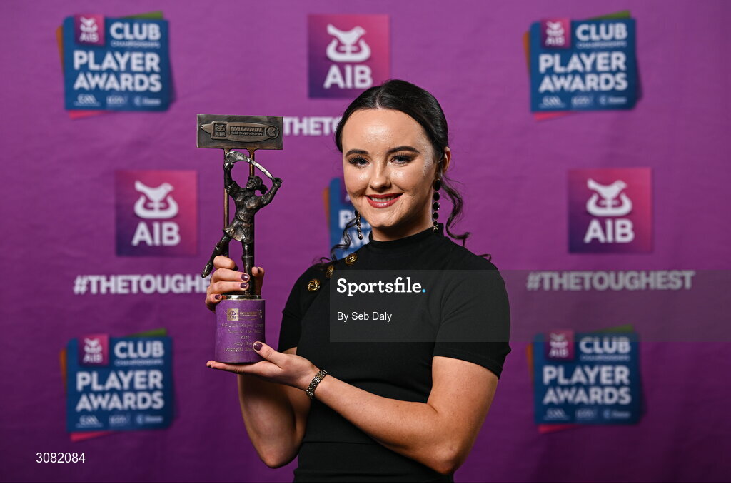 21 March 2025; Loughiel Shamrocks camogie player Amy Boyle with her 2024 Camogie Team of the Year award during the AIB Club Player Awards at Croke Park in Dublin. The AIB Club Player Awards celebrated the best players from club Football, Hurling, Camogie, and LGFA in a single ceremony for the first time, recognising their outstanding achievements on the field throughout the season. Photo by Seb Daly/Sportsfile