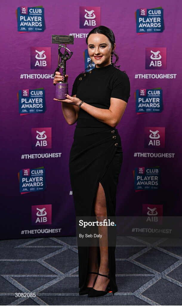 21 March 2025; Loughiel Shamrocks camogie player Amy Boyle with her 2024 Camogie Team of the Year award during the AIB Club Player Awards at Croke Park in Dublin. The AIB Club Player Awards celebrated the best players from club Football, Hurling, Camogie, and LGFA in a single ceremony for the first time, recognising their outstanding achievements on the field throughout the season. Photo by Seb Daly/Sportsfile