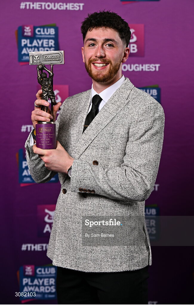21 March 2025; Errigal Ciaran footballer Joe Oguz with his 2024/25 Football Team of the Year award during the AIB Club Player Awards at Croke Park in Dublin. The AIB Club Player Awards celebrated the best players from club Football, Hurling, Camogie, and LGFA in a single ceremony for the first time, recognising their outstanding achievements on the field throughout the season. Photo by Sam Barnes/Sportsfile