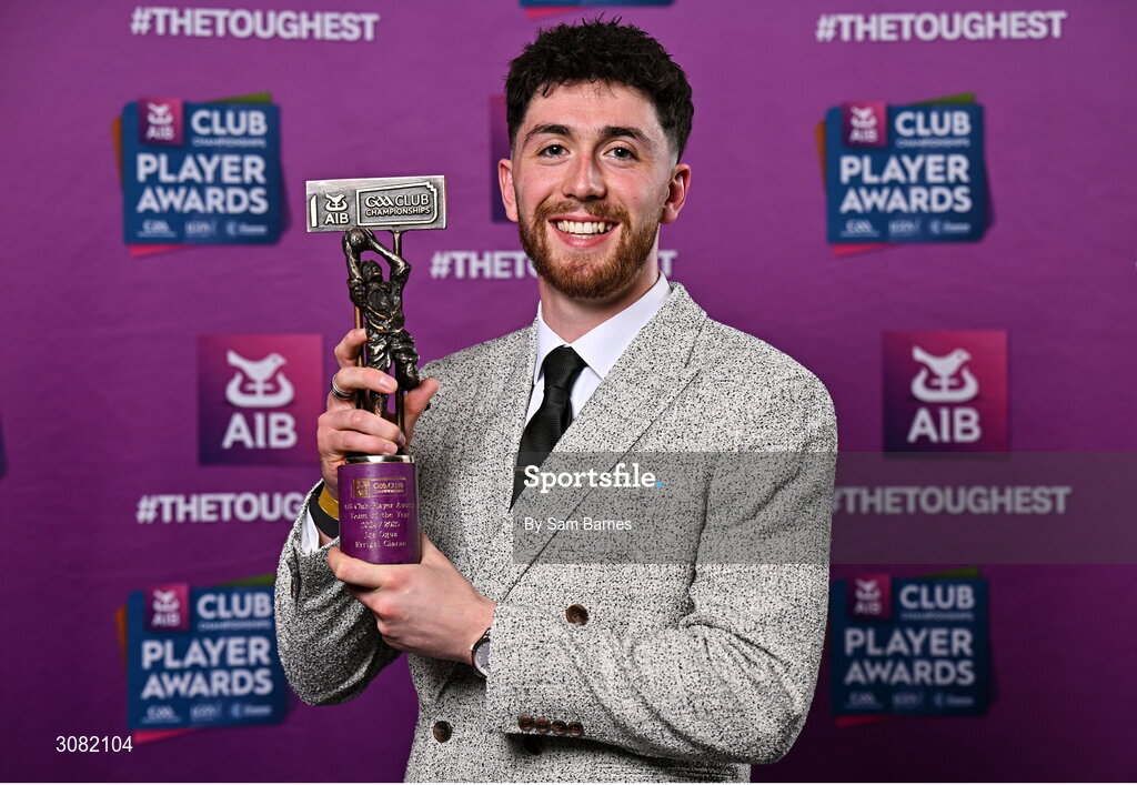 21 March 2025; Errigal Ciaran footballer Joe Oguz with his 2024/25 Football Team of the Year award during the AIB Club Player Awards at Croke Park in Dublin. The AIB Club Player Awards celebrated the best players from club Football, Hurling, Camogie, and LGFA in a single ceremony for the first time, recognising their outstanding achievements on the field throughout the season. Photo by Sam Barnes/Sportsfile
