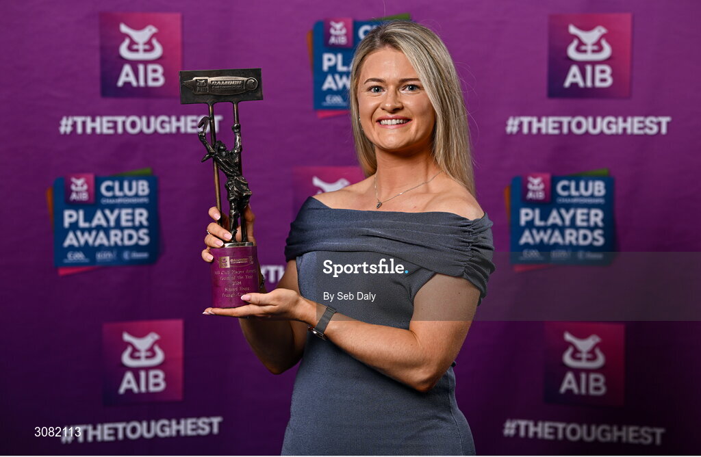 21 March 2025; Truagh Clonlara camogie player Sinead Hogg with her 2024 Camogie Team of the Year award during the AIB Club Player Awards at Croke Park in Dublin. The AIB Club Player Awards celebrated the best players from club Football, Hurling, Camogie, and LGFA in a single ceremony for the first time, recognising their outstanding achievements on the field throughout the season. Photo by Seb Daly/Sportsfile