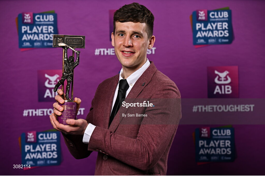 21 March 2025; Slaughtneil hurler Shane McGuigan with his 2024/25 Hurling Team of the Year award during the AIB Club Player Awards at Croke Park in Dublin. The AIB Club Player Awards celebrated the best players from club Football, Hurling, Camogie, and LGFA in a single ceremony for the first time, recognising their outstanding achievements on the field throughout the season. Photo by Sam Barnes/Sportsfile