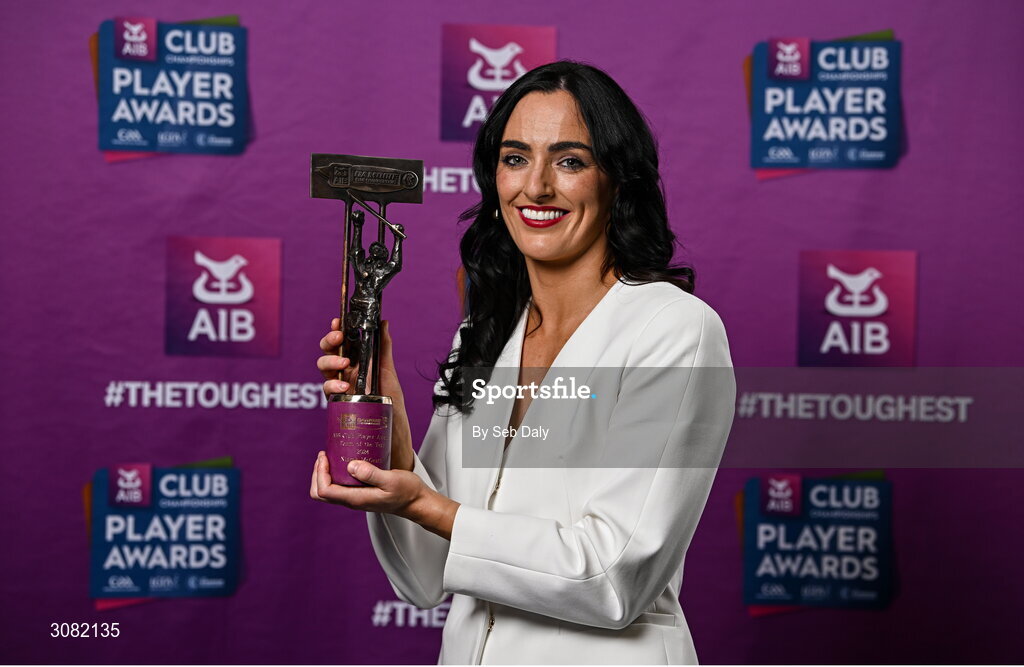 21 March 2025; Sarsfields camogie player Niamh McGrath with her 2024 Camogie Team of the Year award during the AIB Club Player Awards at Croke Park in Dublin. The AIB Club Player Awards celebrated the best players from club Football, Hurling, Camogie, and LGFA in a single ceremony for the first time, recognising their outstanding achievements on the field throughout the season. Photo by Seb Daly/Sportsfile