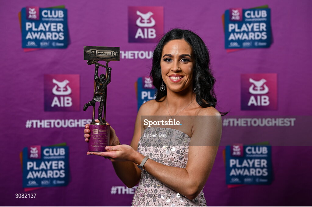 21 March 2025; Loughgiel Shamrocks camogie player Clare McKillop with her 2024 Camogie Team of the Year award during the AIB Club Player Awards at Croke Park in Dublin. The AIB Club Player Awards celebrated the best players from club Football, Hurling, Camogie, and LGFA in a single ceremony for the first time, recognising their outstanding achievements on the field throughout the season. Photo by Seb Daly/Sportsfile