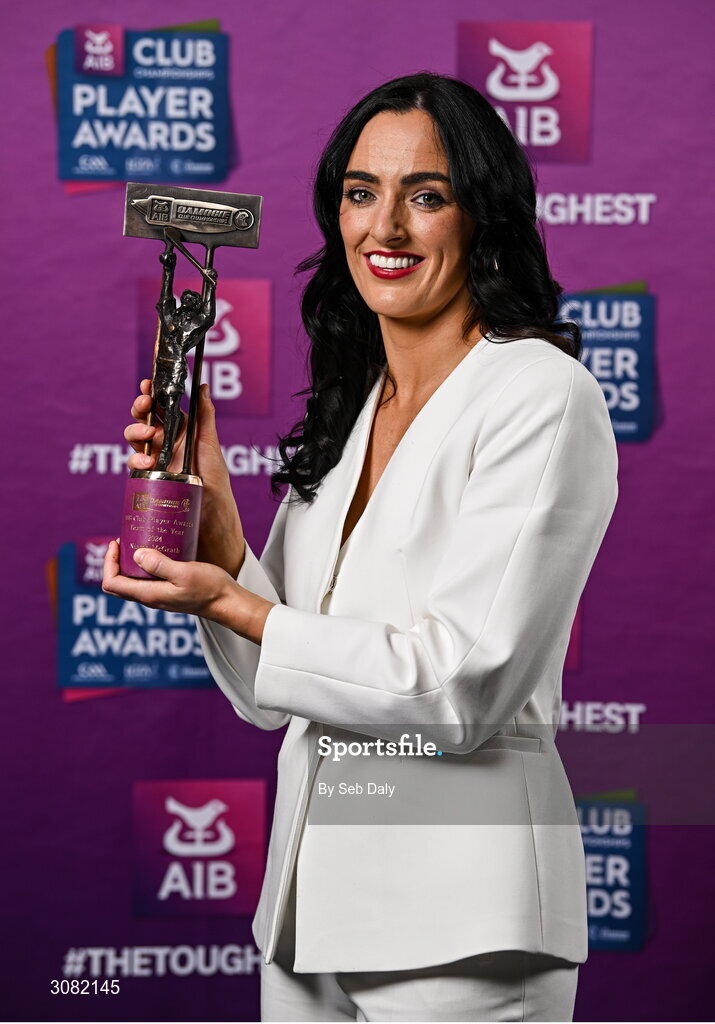 21 March 2025; Sarsfields camogie player Niamh McGrath with her 2024 Camogie Team of the Year award during the AIB Club Player Awards at Croke Park in Dublin. The AIB Club Player Awards celebrated the best players from club Football, Hurling, Camogie, and LGFA in a single ceremony for the first time, recognising their outstanding achievements on the field throughout the season. Photo by Seb Daly/Sportsfile