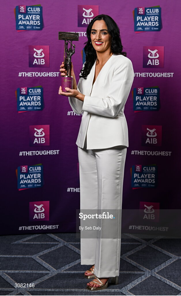21 March 2025; Sarsfields camogie player Niamh McGrath with her 2024 Camogie Team of the Year award during the AIB Club Player Awards at Croke Park in Dublin. The AIB Club Player Awards celebrated the best players from club Football, Hurling, Camogie, and LGFA in a single ceremony for the first time, recognising their outstanding achievements on the field throughout the season. Photo by Seb Daly/Sportsfile