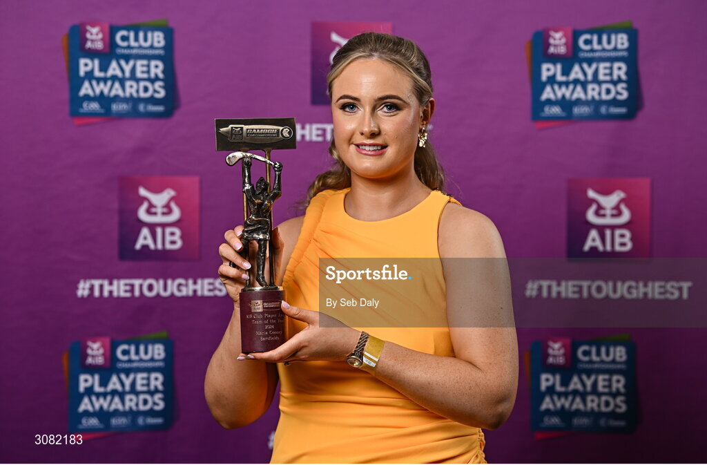 21 March 2025; Sarsfields camogie player Maria Cooney with her 2024 Camogie Team of the Year award during the AIB Club Player Awards at Croke Park in Dublin. The AIB Club Player Awards celebrated the best players from club Football, Hurling, Camogie, and LGFA in a single ceremony for the first time, recognising their outstanding achievements on the field throughout the season. Photo by Seb Daly/Sportsfile