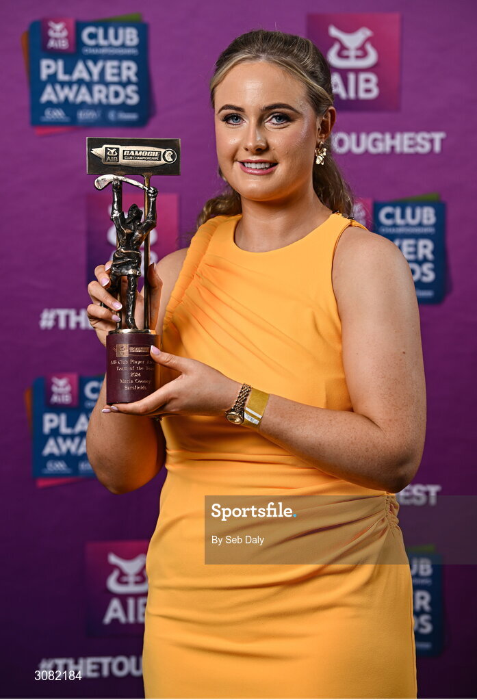 21 March 2025; Sarsfields camogie player Maria Cooney with her 2024 Camogie Team of the Year award during the AIB Club Player Awards at Croke Park in Dublin. The AIB Club Player Awards celebrated the best players from club Football, Hurling, Camogie, and LGFA in a single ceremony for the first time, recognising their outstanding achievements on the field throughout the season. Photo by Seb Daly/Sportsfile