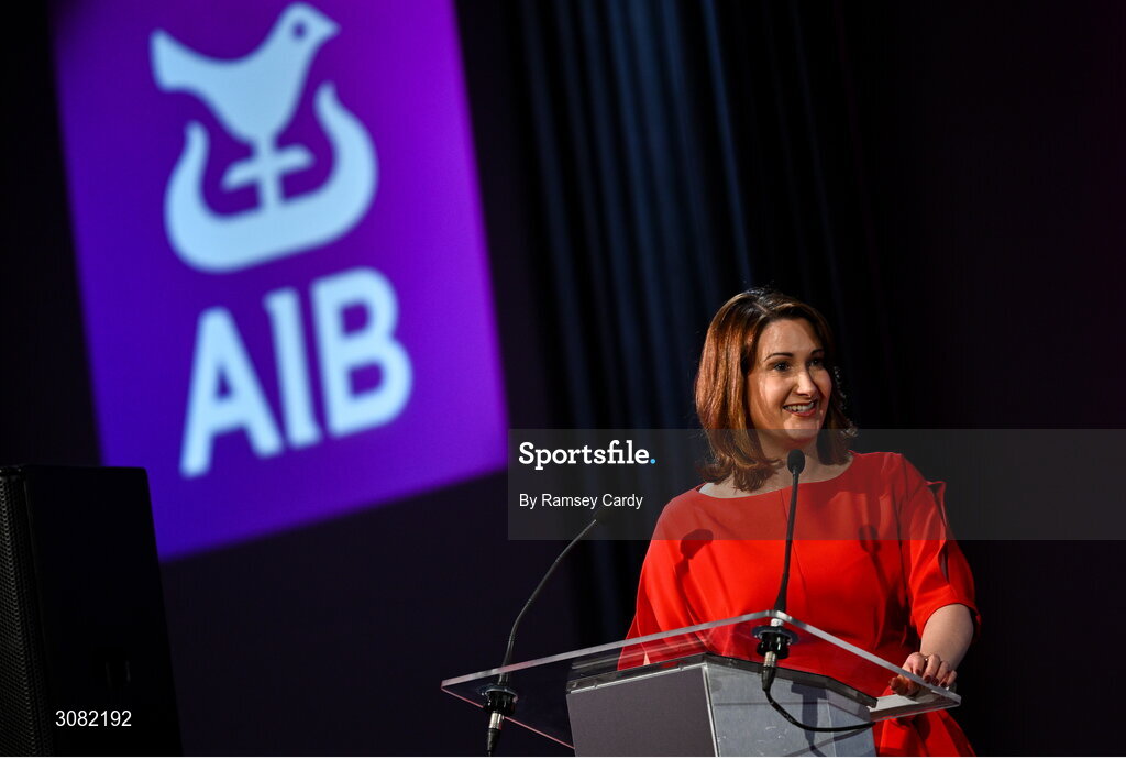 21 March 2025; AIB chief customer officer Orlaith Ryan during the AIB Club Player Awards at Croke Park in Dublin. The AIB Club Player Awards celebrated the best players from club Football, Hurling, Camogie, and LGFA in a single ceremony for the first time, recognising their outstanding achievements on the field throughout the season. Photo by Ramsey Cardy/Sportsfile