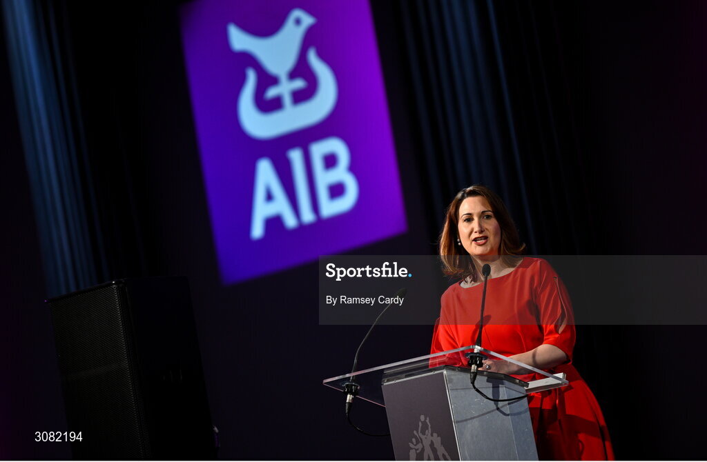 21 March 2025; AIB chief customer officer Orlaith Ryan during the AIB Club Player Awards at Croke Park in Dublin. The AIB Club Player Awards celebrated the best players from club Football, Hurling, Camogie, and LGFA in a single ceremony for the first time, recognising their outstanding achievements on the field throughout the season. Photo by Ramsey Cardy/Sportsfile