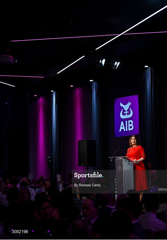 21 March 2025; AIB chief customer officer Orlaith Ryan during the AIB Club Player Awards at Croke Park in Dublin. The AIB Club Player Awards celebrated the best players from club Football, Hurling, Camogie, and LGFA in a single ceremony for the first time, recognising their outstanding achievements on the field throughout the season. Photo by Ramsey Cardy/Sportsfile