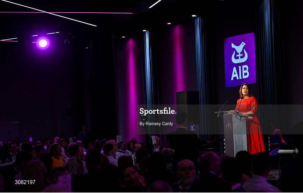 21 March 2025; AIB chief customer officer Orlaith Ryan during the AIB Club Player Awards at Croke Park in Dublin. The AIB Club Player Awards celebrated the best players from club Football, Hurling, Camogie, and LGFA in a single ceremony for the first time, recognising their outstanding achievements on the field throughout the season. Photo by Ramsey Cardy/Sportsfile