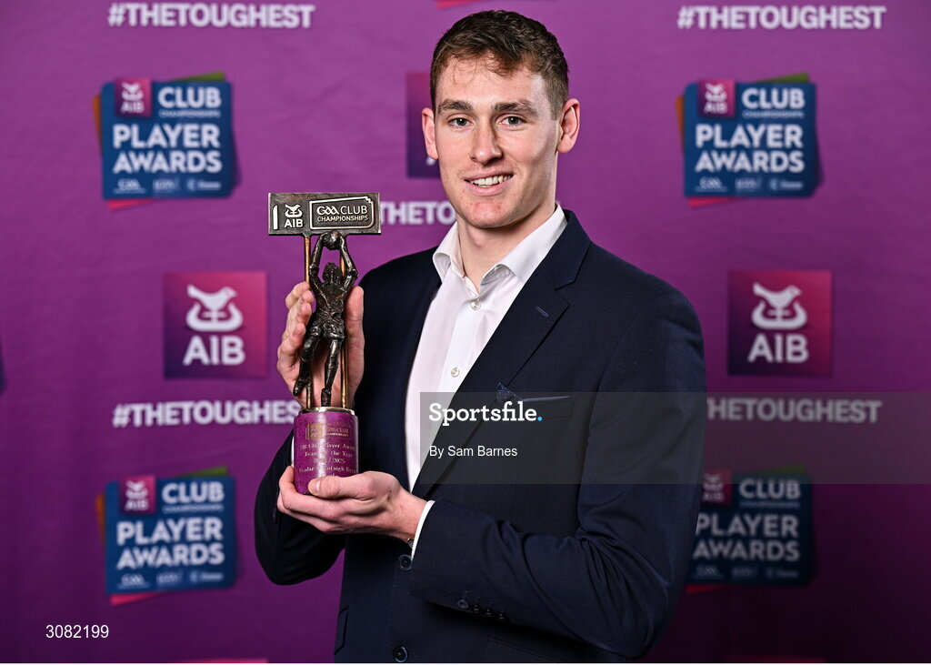 21 March 2025; Cuala footballer Peadar Ó Cofaigh Byrne with his 2024/25 Football Team of the Year award during the AIB Club Player Awards at Croke Park in Dublin. The AIB Club Player Awards celebrated the best players from club Football, Hurling, Camogie, and LGFA in a single ceremony for the first time, recognising their outstanding achievements on the field throughout the season. Photo by Sam Barnes/Sportsfile