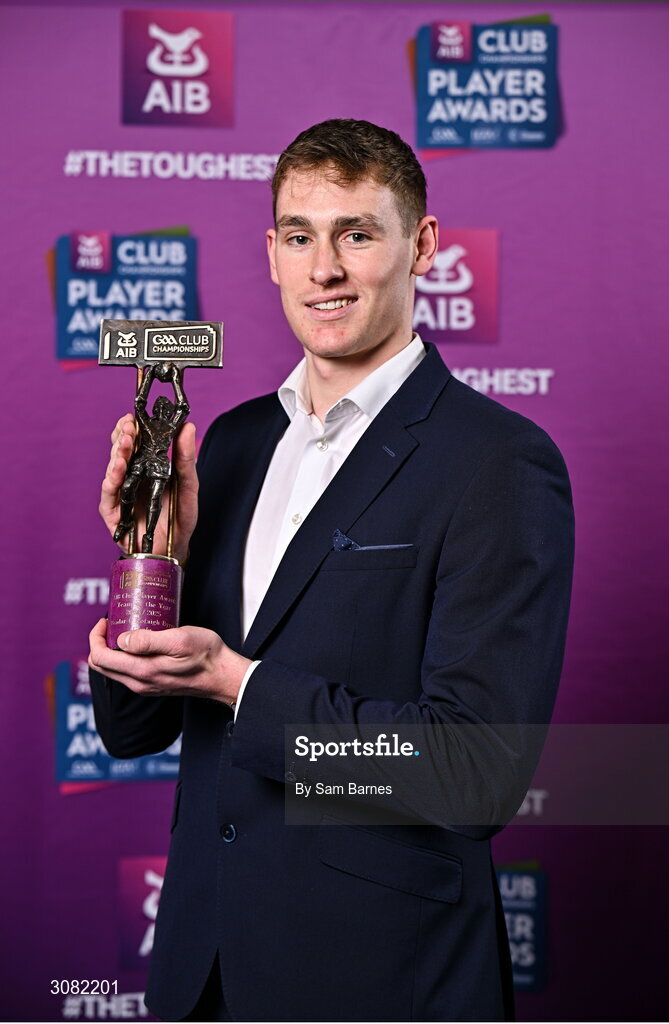 21 March 2025; Cuala footballer Peadar Ó Cofaigh Byrne with his 2024/25 Football Team of the Year award during the AIB Club Player Awards at Croke Park in Dublin. The AIB Club Player Awards celebrated the best players from club Football, Hurling, Camogie, and LGFA in a single ceremony for the first time, recognising their outstanding achievements on the field throughout the season. Photo by Sam Barnes/Sportsfile