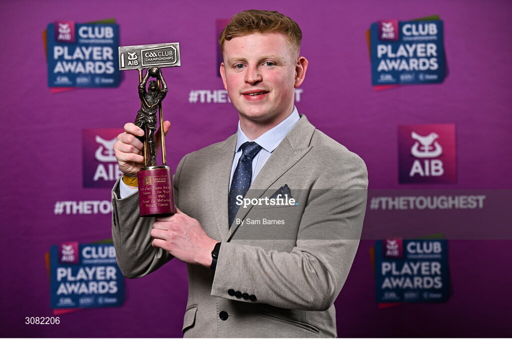 21 March 2025; Errigan Ciaran footballer Peter Óg McCartan with his 2024/25 Football Team of the Year award during the AIB Club Player Awards at Croke Park in Dublin. The AIB Club Player Awards celebrated the best players from club Football, Hurling, Camogie, and LGFA in a single ceremony for the first time, recognising their outstanding achievements on the field throughout the season. Photo by Sam Barnes/Sportsfile