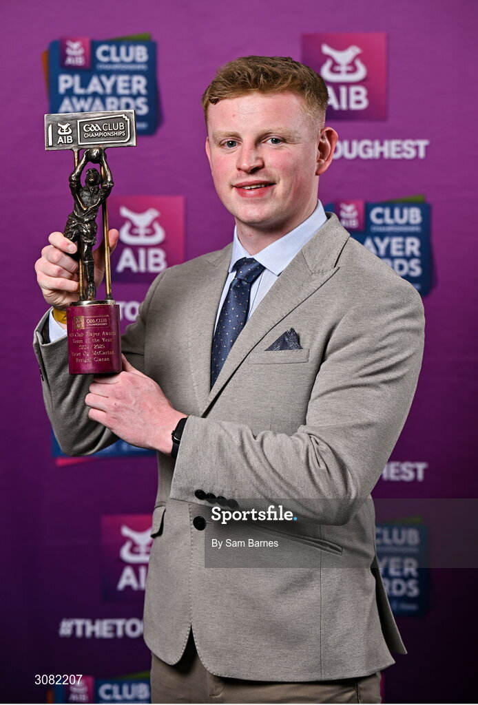 21 March 2025; Errigan Ciaran footballer Peter Óg McCartan with his 2024/25 Football Team of the Year award during the AIB Club Player Awards at Croke Park in Dublin. The AIB Club Player Awards celebrated the best players from club Football, Hurling, Camogie, and LGFA in a single ceremony for the first time, recognising their outstanding achievements on the field throughout the season. Photo by Sam Barnes/Sportsfile