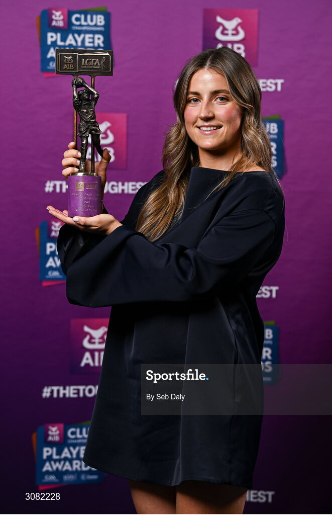 21 March 2025; Kilmacud Crokes ladies footballer Aoife Kane with her 2024 Ladies Gaelic Football Team of the Year award during the AIB Club Player Awards at Croke Park in Dublin. The AIB Club Player Awards celebrated the best players from club Football, Hurling, Camogie, and LGFA in a single ceremony for the first time, recognising their outstanding achievements on the field throughout the season. Photo by Seb Daly/Sportsfile