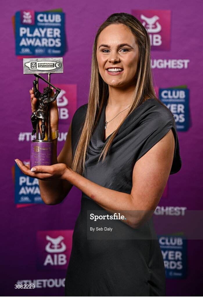 21 March 2025; Truagh Clonlara camogie player Aine O'Loughlin with her 2024 Camogie Team of the Year award during the AIB Club Player Awards at Croke Park in Dublin. The AIB Club Player Awards celebrated the best players from club Football, Hurling, Camogie, and LGFA in a single ceremony for the first time, recognising their outstanding achievements on the field throughout the season. Photo by Seb Daly/Sportsfile
