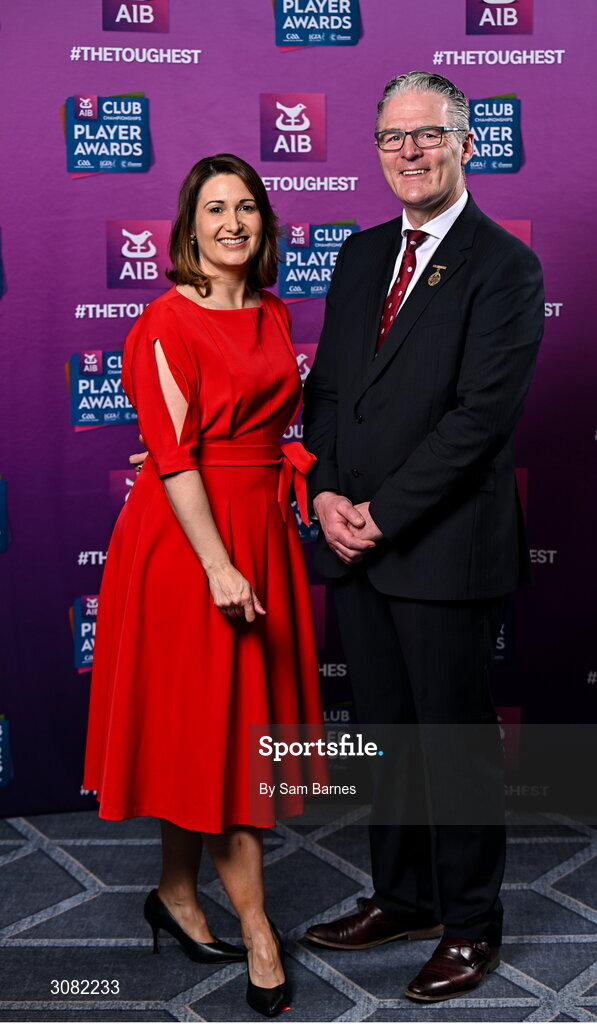 21 March 2025; Uachtarán Chumann Lúthchleas Gael Jarlath Burns and AIB Chief Customer Officer Orlaith Ryan during the AIB Club Player Awards at Croke Park in Dublin. The AIB Club Player Awards celebrated the best players from club Football, Hurling, Camogie, and LGFA in a single ceremony for the first time, recognising their outstanding achievements on the field throughout the season. Photo by Sam Barnes/Sportsfile