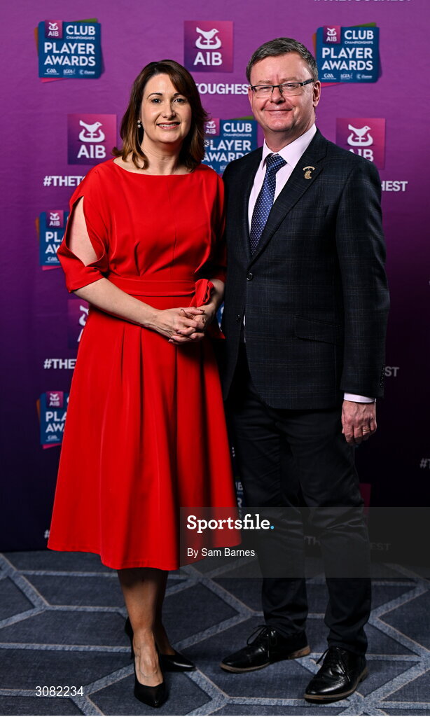 21 March 2025;Camogie Association president Brian Molloy and AIB Chief Customer Officer Orlaith Ryan during the AIB Club Player Awards at Croke Park in Dublin. The AIB Club Player Awards celebrated the best players from club Football, Hurling, Camogie, and LGFA in a single ceremony for the first time, recognising their outstanding achievements on the field throughout the season. Photo by Sam Barnes/Sportsfile