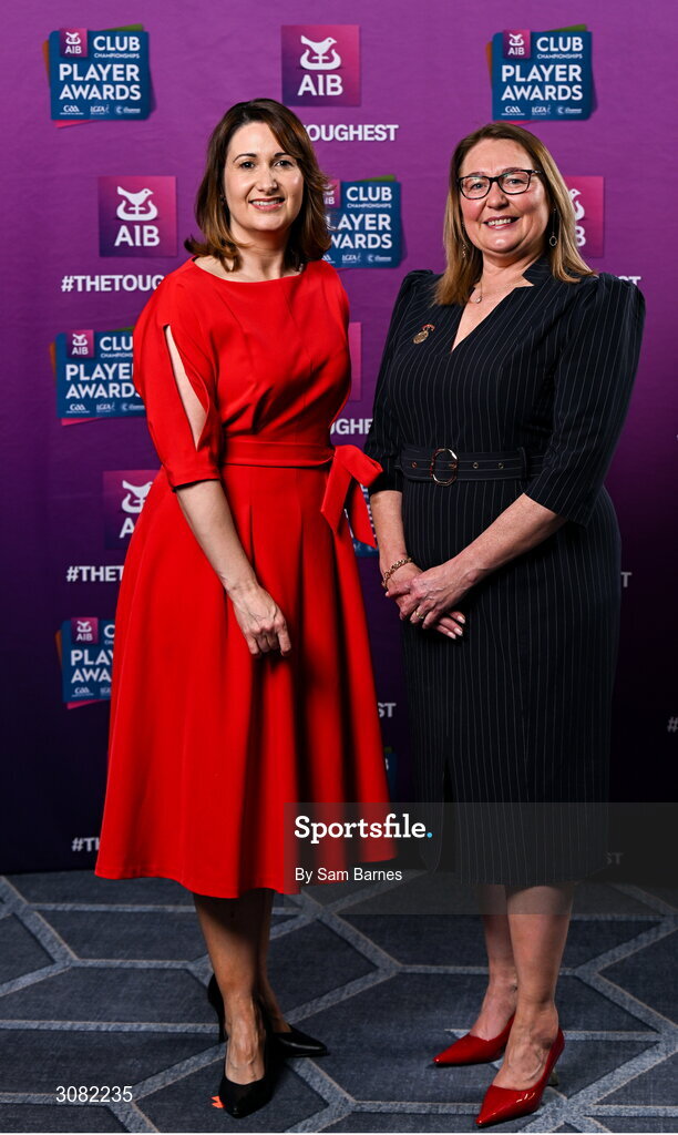 21 March 2025; Uachtarán Cumann Peil Gael na mBan Trina Murray, right, and AIB Chief Customer Officer Orlaith Ryan during the AIB Club Player Awards at Croke Park in Dublin. The AIB Club Player Awards celebrated the best players from club Football, Hurling, Camogie, and LGFA in a single ceremony for the first time, recognising their outstanding achievements on the field throughout the season. Photo by Sam Barnes/Sportsfile