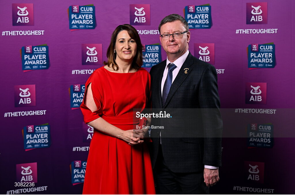 21 March 2025;Camogie Association president Brian Molloy and AIB Chief Customer Officer Orlaith Ryan during the AIB Club Player Awards at Croke Park in Dublin. The AIB Club Player Awards celebrated the best players from club Football, Hurling, Camogie, and LGFA in a single ceremony for the first time, recognising their outstanding achievements on the field throughout the season. Photo by Sam Barnes/Sportsfile