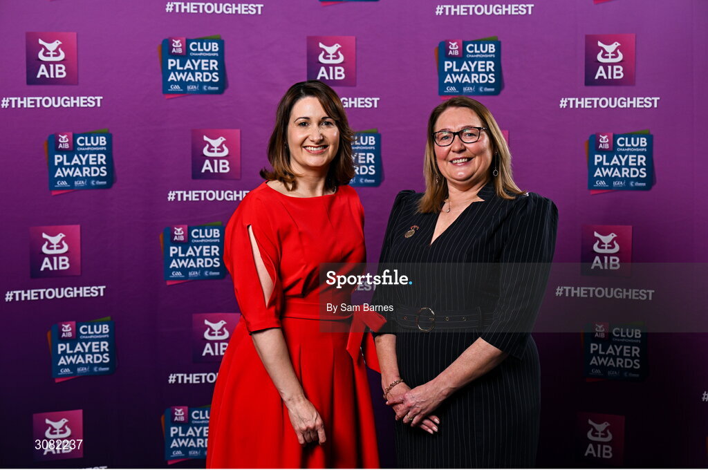 21 March 2025; Uachtarán Cumann Peil Gael na mBan Trina Murray, right, and AIB Chief Customer Officer Orlaith Ryan during the AIB Club Player Awards at Croke Park in Dublin. The AIB Club Player Awards celebrated the best players from club Football, Hurling, Camogie, and LGFA in a single ceremony for the first time, recognising their outstanding achievements on the field throughout the season. Photo by Sam Barnes/Sportsfile