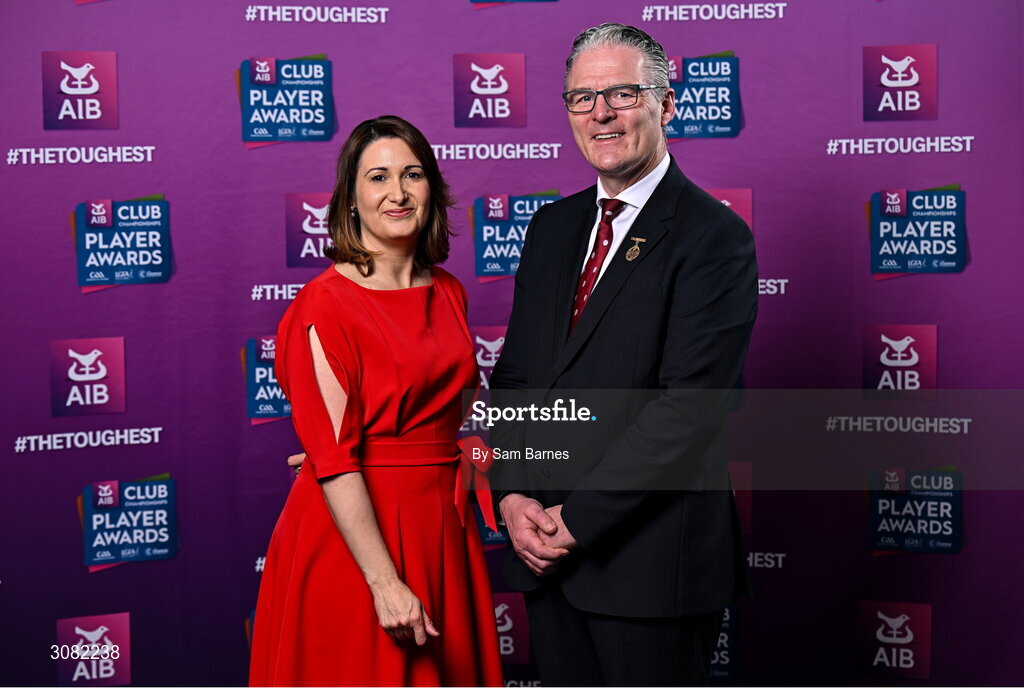 21 March 2025; Uachtarán Chumann Lúthchleas Gael Jarlath Burns and AIB Chief Customer Officer Orlaith Ryan during the AIB Club Player Awards at Croke Park in Dublin. The AIB Club Player Awards celebrated the best players from club Football, Hurling, Camogie, and LGFA in a single ceremony for the first time, recognising their outstanding achievements on the field throughout the season. Photo by Sam Barnes/Sportsfile