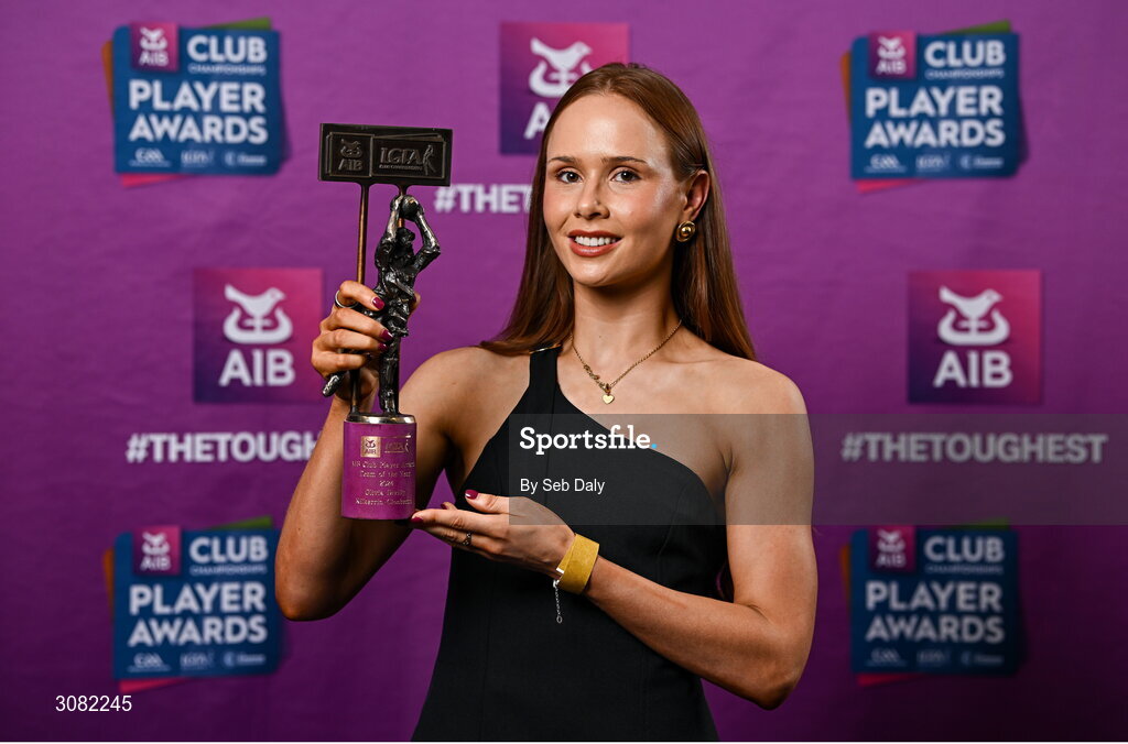 21 March 2025; Kilkerrin-Clonberne ladies footballer Olivia Divilly with her 2024 Ladies Gaelic Football Team of the Year award during the AIB Club Player Awards at Croke Park in Dublin. The AIB Club Player Awards celebrated the best players from club Football, Hurling, Camogie, and LGFA in a single ceremony for the first time, recognising their outstanding achievements on the field throughout the season. Photo by Seb Daly/Sportsfile