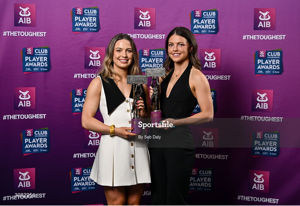 21 March 2025; Kilkerrin-Clonberne ladies footballers Hannah and Eva Noone with their 2024 Ladies Gaelic Football Team of the Year awards during the AIB Club Player Awards at Croke Park in Dublin. The AIB Club Player Awards celebrated the best players from club Football, Hurling, Camogie, and LGFA in a single ceremony for the first time, recognising their outstanding achievements on the field throughout the season. Photo by Seb Daly/Sportsfile