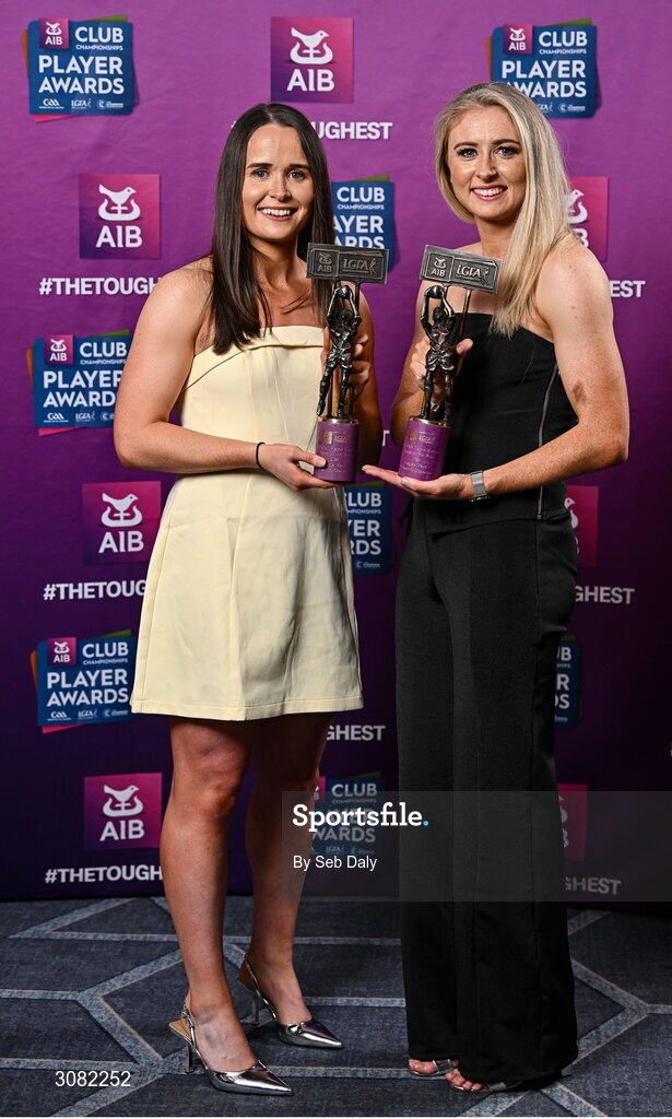 21 March 2025; Kilkerrin-Clonberne ladies footballers Nicola and Louise Ward with their 2024 Ladies Gaelic Football Team of the Year award during the AIB Club Player Awards at Croke Park in Dublin. The AIB Club Player Awards celebrated the best players from club Football, Hurling, Camogie, and LGFA in a single ceremony for the first time, recognising their outstanding achievements on the field throughout the season. Photo by Seb Daly/Sportsfile