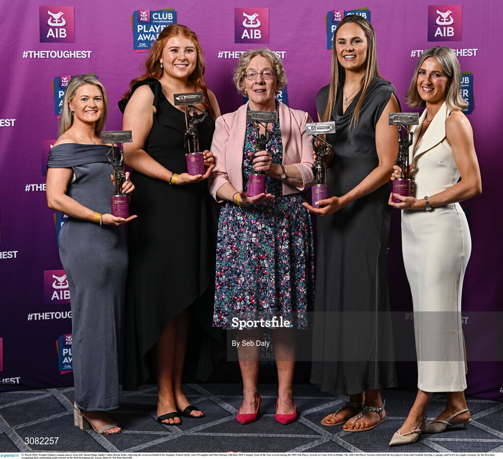21 March 2025; Truagh Clonlara camogie player, from left, Sinead Hogg, Sophie Cullen, Bernie Kelly, collecting the award on behalf of her daughter Eimear Kelly, Aine O'Loughlin and Ellen Horgan with their 2024 Camogie Team of the Year awards during the AIB Club Player Awards at Croke Park in Dublin. The AIB Club Player Awards celebrated the best players from club Football, Hurling, Camogie, and LGFA in a single ceremony for the first time, recognising their outstanding achievements on the field throughout the season. Photo by Seb Daly/Sportsfile