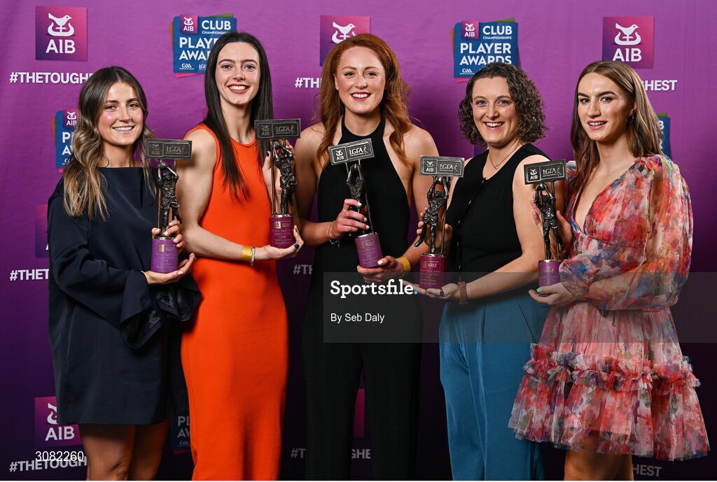 21 March 2025; Kilmacud Crokes ladies footballers, from left, Aoife Kane, Michelle Davoren, Niamh Cotter, Dearbhla Gower and Lauren Magee with their 2024 Ladies Gaelic Football Team of the Year awards during the AIB Club Player Awards at Croke Park in Dublin. The AIB Club Player Awards celebrated the best players from club Football, Hurling, Camogie, and LGFA in a single ceremony for the first time, recognising their outstanding achievements on the field throughout the season. Photo by Seb Daly/Sportsfile