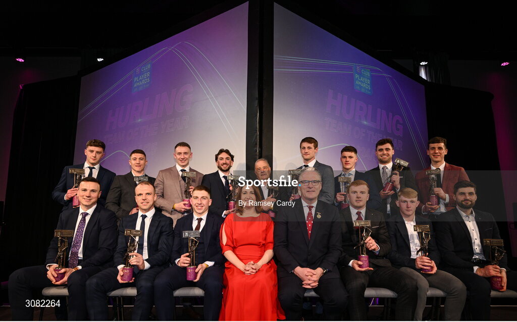 21 March 2025; The 2024/25 Hurling Team of the Year with AIB Chief Customer Officer Orlaith Ryan and Uachtarán Cumann Lúthchleas Gael Jarlath Burns during the AIB Club Player Awards at Croke Park in Dublin. The AIB Club Player Awards celebrated the best players from club Football, Hurling, Camogie, and LGFA in a single ceremony for the first time, recognising their outstanding achievements on the field throughout the season. Photo by Ramsey Cardy/Sportsfile