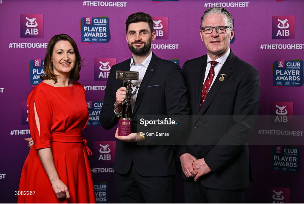 21 March 2025; Ballygunner hurler Stephen O'Keeffe is presented with his 2024/25 Hurling Team of the Year award by Uachtarán Cumann Lúthchleas Gael, Jarlath Burns and Chief Customer Officer of AIB, Orlaith Ryan during the AIB Club Player Awards at Croke Park in Dublin. The AIB Club Player Awards celebrated the best players from club Football, Hurling, Camogie, and LGFA in a single ceremony for the first time, recognising their outstanding achievements on the field throughout the season. Photo by Sam Barnes/Sportsfile