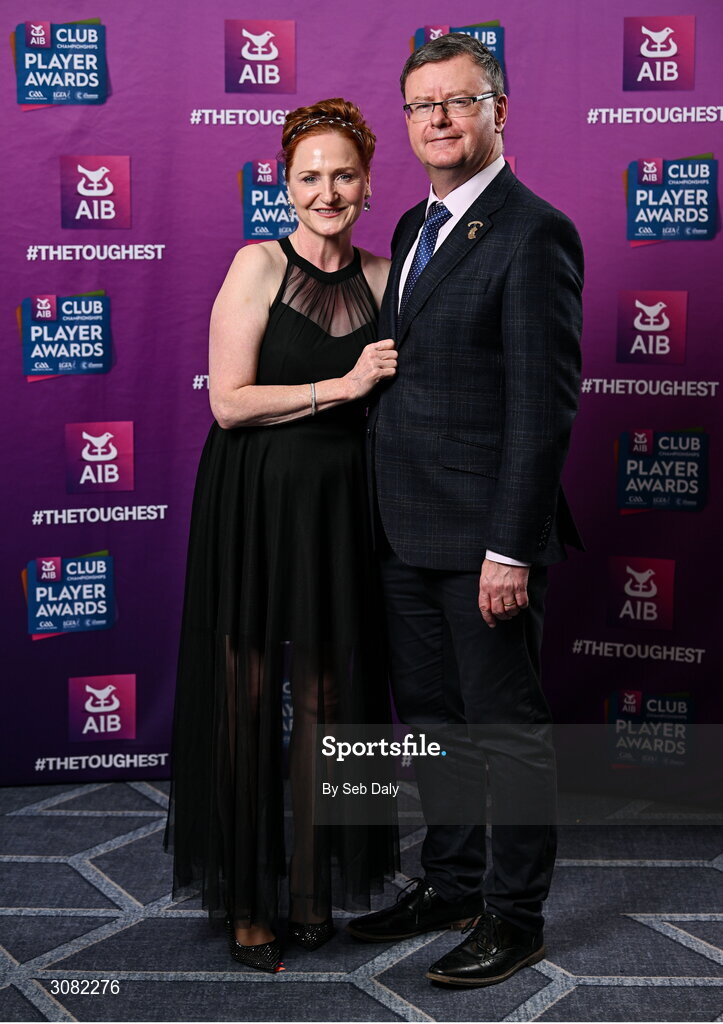 21 March 2025; Camogie Association president Brian Molloy and wife Vivienne during The AIB Combined Club Player Awards at Croke Park in Dublin. Photo by Seb Daly/Sportsfile