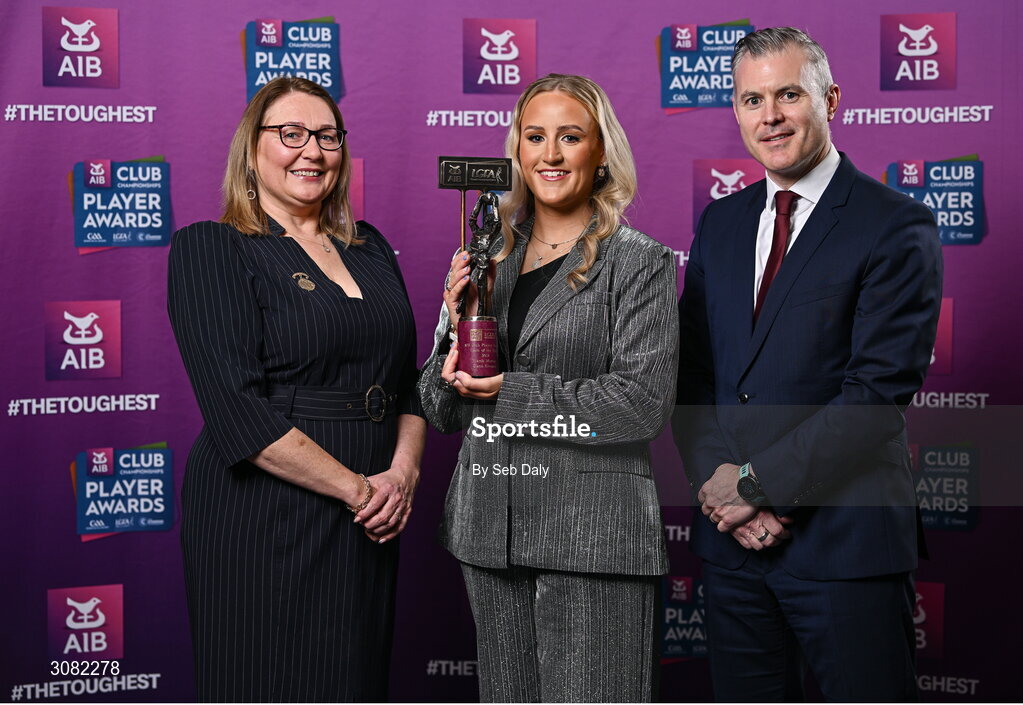 21 March 2025; Clann Eireann ladies footballer Niamh Murray is presented her 2024 Ladies Gaelic Football Team of the Year award by President of the Ladies Gaelic Football Association, Trina Murray and Chief Marketing Officer of AIB, Mark Doyle during the AIB Club Player Awards at Croke Park in Dublin. The AIB Club Player Awards celebrated the best players from club Football, Hurling, Camogie, and LGFA in a single ceremony for the first time, recognising their outstanding achievements on the field throughout the season. Photo by Seb Daly/Sportsfile