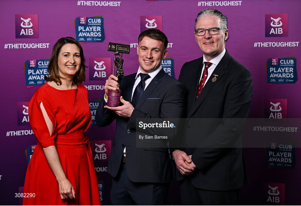 21 March 2025; Cuala footballer Niall O'Callaghan is presented with his 2024/25 Football Team of the Year award by Uachtarán Cumann Lúthchleas Gael, Jarlath Burns and Chief Customer Officer of AIB, Orlaith Ryan, during the AIB Club Player Awards at Croke Park in Dublin. The AIB Club Player Awards celebrated the best players from club Football, Hurling, Camogie, and LGFA in a single ceremony for the first time, recognising their outstanding achievements on the field throughout the season. Photo by Sam Barnes/Sportsfile