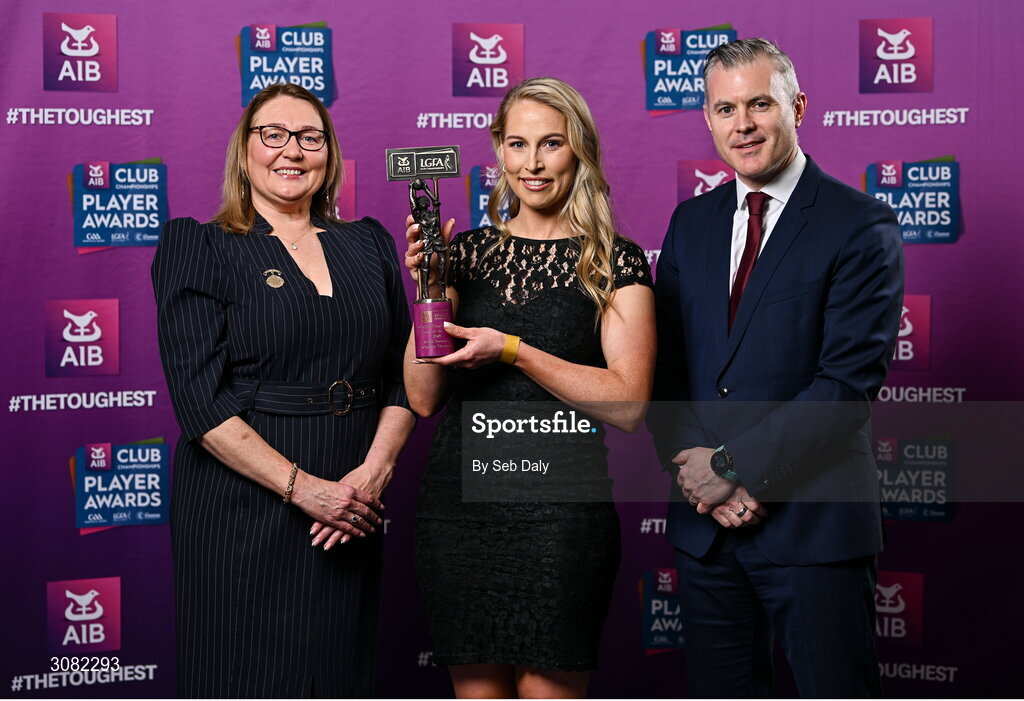 21 March 2025; Kilkerrin-Clonberne ladies footballer Sarah Gormally is presented her 2024 Ladies Gaelic Football Team of the Year award by President of the Ladies Gaelic Football Association, Trina Murray and Chief Marketing Officer of AIB, Mark Doyle during the AIB Club Player Awards at Croke Park in Dublin. The AIB Club Player Awards celebrated the best players from club Football, Hurling, Camogie, and LGFA in a single ceremony for the first time, recognising their outstanding achievements on the field throughout the season. Photo by Seb Daly/Sportsfile