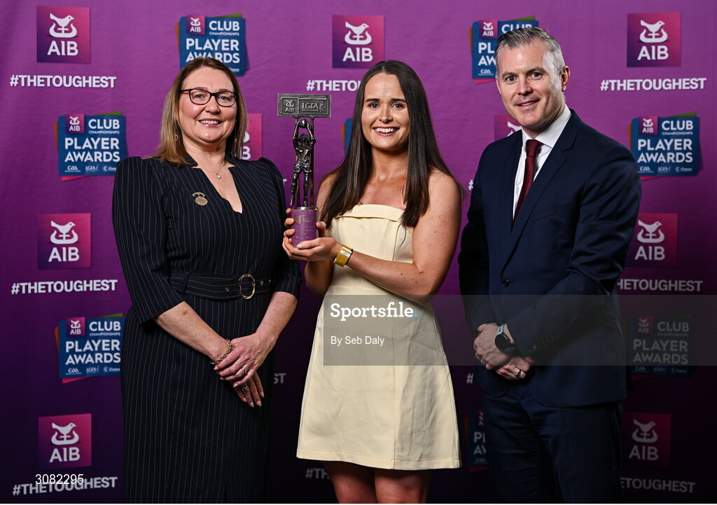 21 March 2025; Kilkerrin-Clonberne ladies footballer Nicola Ward is presented her 2024 Ladies Gaelic Football Team of the Year award by President of the Ladies Gaelic Football Association, Trina Murray and Chief Marketing Officer of AIB, Mark Doyle during the AIB Club Player Awards at Croke Park in Dublin. The AIB Club Player Awards celebrated the best players from club Football, Hurling, Camogie, and LGFA in a single ceremony for the first time, recognising their outstanding achievements on the field throughout the season. Photo by Seb Daly/Sportsfile