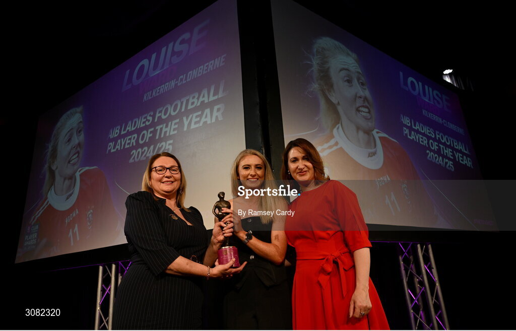 21 March 2025; Louise Ward of Kilkerrin-Clonberne is presented with her 2024 AIB Ladies Gaelic Football Club Championship Player of the Year award by Uachtarán Cumann Peil Gael na mBan Trina Murray and AIB Chief Customer Officer Orlaith Ryan during the AIB Club Player Awards at Croke Park in Dublin. The AIB Club Player Awards celebrated the best players from club Football, Hurling, Camogie, and LGFA in a single ceremony for the first time, recognising their outstanding achievements on the field throughout the season. Photo by Ramsey Cardy/Sportsfile