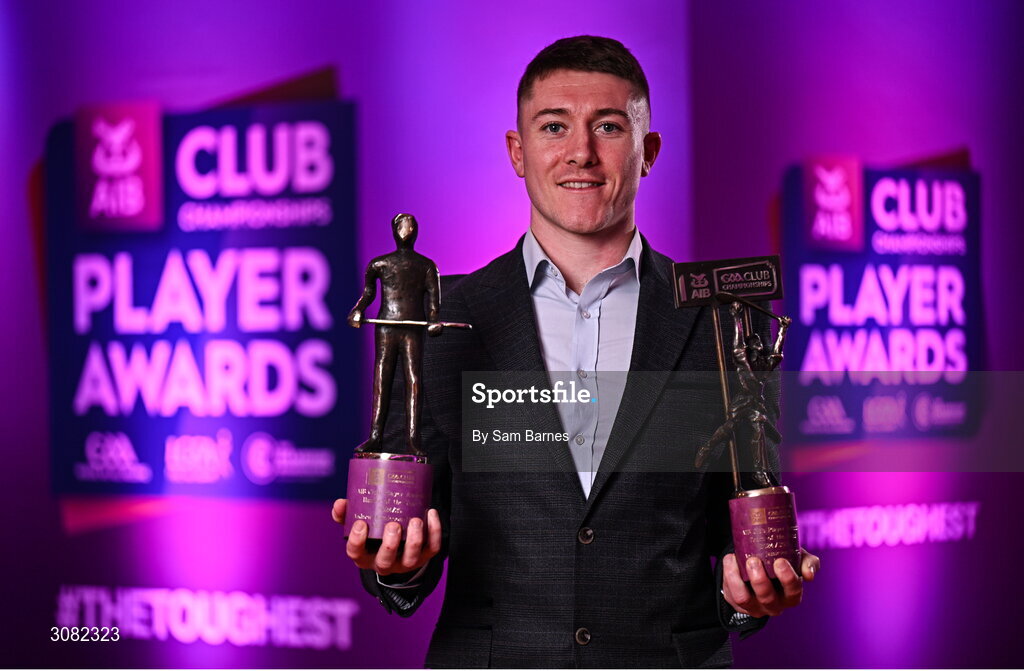 21 March 2025; Na Fianna hurler Andrew Jamieson-Murphy with his 2024/25 AIB GAA Hurling Club Championship Player of the Year award and AIB Club Hurling Team of the Year Award during the AIB Club Player Awards at Croke Park in Dublin. The AIB Club Player Awards celebrated the best players from club Football, Hurling, Camogie, and LGFA in a single ceremony for the first time, recognising their outstanding achievements on the field throughout the season. Photo by Sam Barnes/Sportsfile