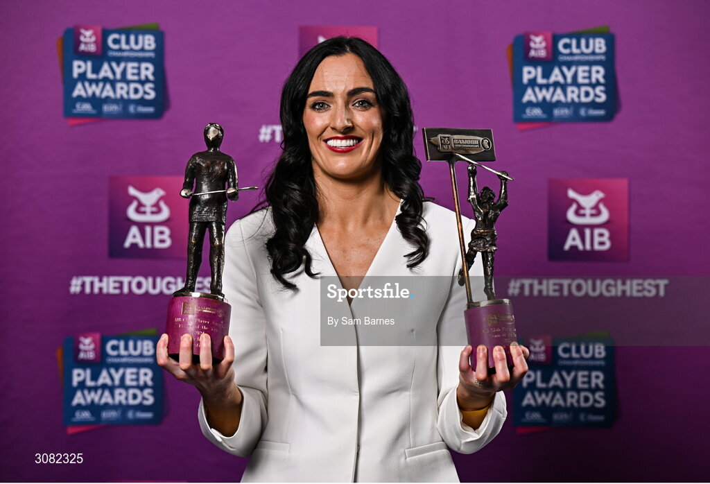 21 March 2025; Sarsfields camogie player Niamh McGrath with her 2024 Camogie Club Championship Player of the Year award and AIB Club Camogie Team of the Year Award during the AIB Club Player Awards at Croke Park in Dublin. The AIB Club Player Awards celebrated the best players from club Football, Hurling, Camogie, and LGFA in a single ceremony for the first time, recognising their outstanding achievements on the field throughout the season. Photo by Sam Barnes/Sportsfile