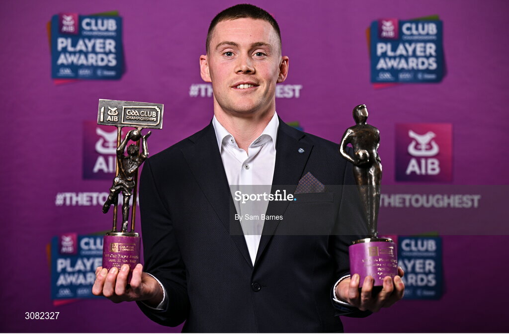 21 March 2025; Cuala footballer Con O’Callaghan with his 2024/25 AIB GAA Club Football Player of the Year award and AIB Club Football Team of the Year Award during the AIB Club Player Awards at Croke Park in Dublin. The AIB Club Player Awards celebrated the best players from club Football, Hurling, Camogie, and LGFA in a single ceremony for the first time, recognising their outstanding achievements on the field throughout the season. Photo by Sam Barnes/Sportsfile