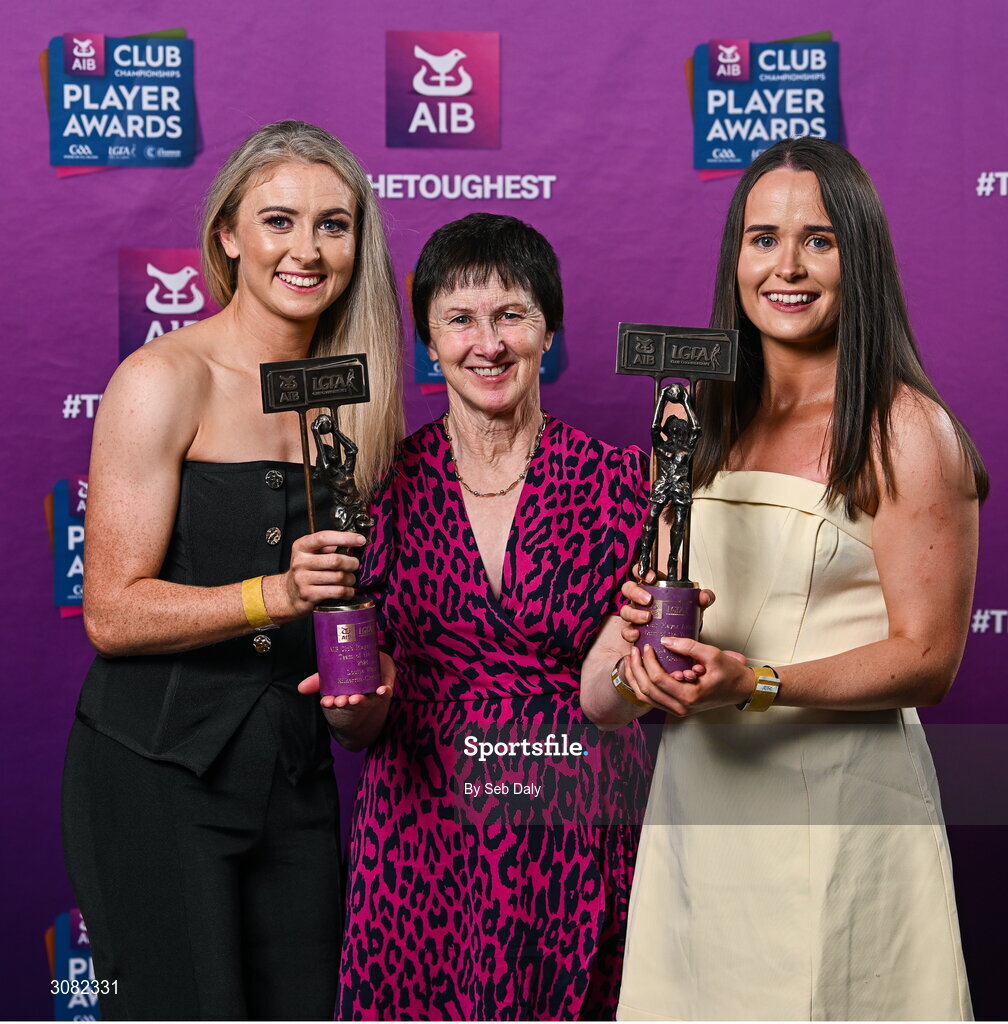 21 March 2025; Kilkerrin-Clonberne ladies footballers Louise and Nicola Ward with their mother Chrissie during the AIB Club Player Awards at Croke Park in Dublin. The AIB Club Player Awards celebrated the best players from club Football, Hurling, Camogie, and LGFA in a single ceremony for the first time, recognising their outstanding achievements on the field throughout the season. Photo by Seb Daly/Sportsfile