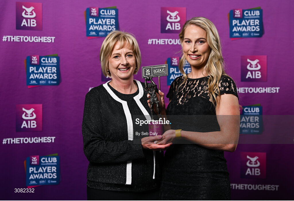 21 March 2025; Kilkerrin-Clonberne ladies footballer Sarah Gormally with her mother Anne during the AIB Club Player Awards at Croke Park in Dublin. The AIB Club Player Awards celebrated the best players from club Football, Hurling, Camogie, and LGFA in a single ceremony for the first time, recognising their outstanding achievements on the field throughout the season. Photo by Seb Daly/Sportsfile