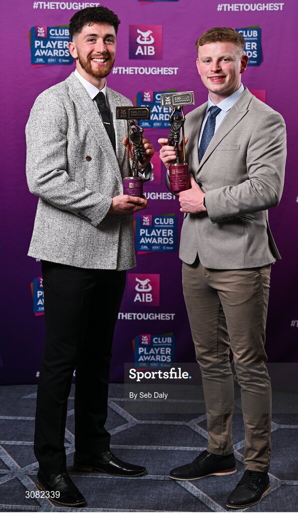 21 March 2025; Errigal Ciaran footballers Joe Oguz, left, and Peter Óg McCartan with their 2024/25 Football Team of the Year awards during the AIB Club Player Awards at Croke Park in Dublin. The AIB Club Player Awards celebrated the best players from club Football, Hurling, Camogie, and LGFA in a single ceremony for the first time, recognising their outstanding achievements on the field throughout the season. Photo by Seb Daly/Sportsfile