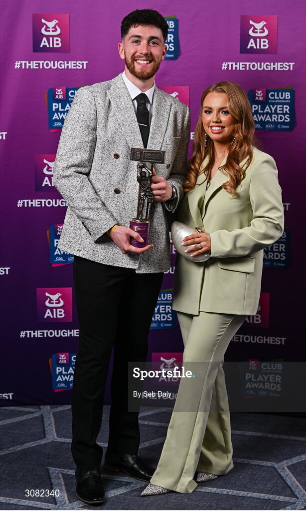 21 March 2025; Errigal Ciaran footballer Joe Oguz with his partner Cliona McElroy during The AIB Combined Club Player Awards at Croke Park in Dublin. Photo by Seb Daly/Sportsfile