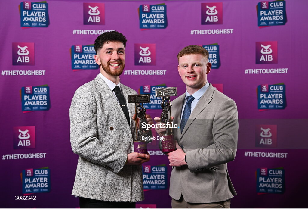 21 March 2025; Errigal Ciaran footballers Joe Oguz, left, and Peter Óg McCartan with their 2024/25 Football Team of the Year awards during the AIB Club Player Awards at Croke Park in Dublin. The AIB Club Player Awards celebrated the best players from club Football, Hurling, Camogie, and LGFA in a single ceremony for the first time, recognising their outstanding achievements on the field throughout the season. Photo by Seb Daly/Sportsfile