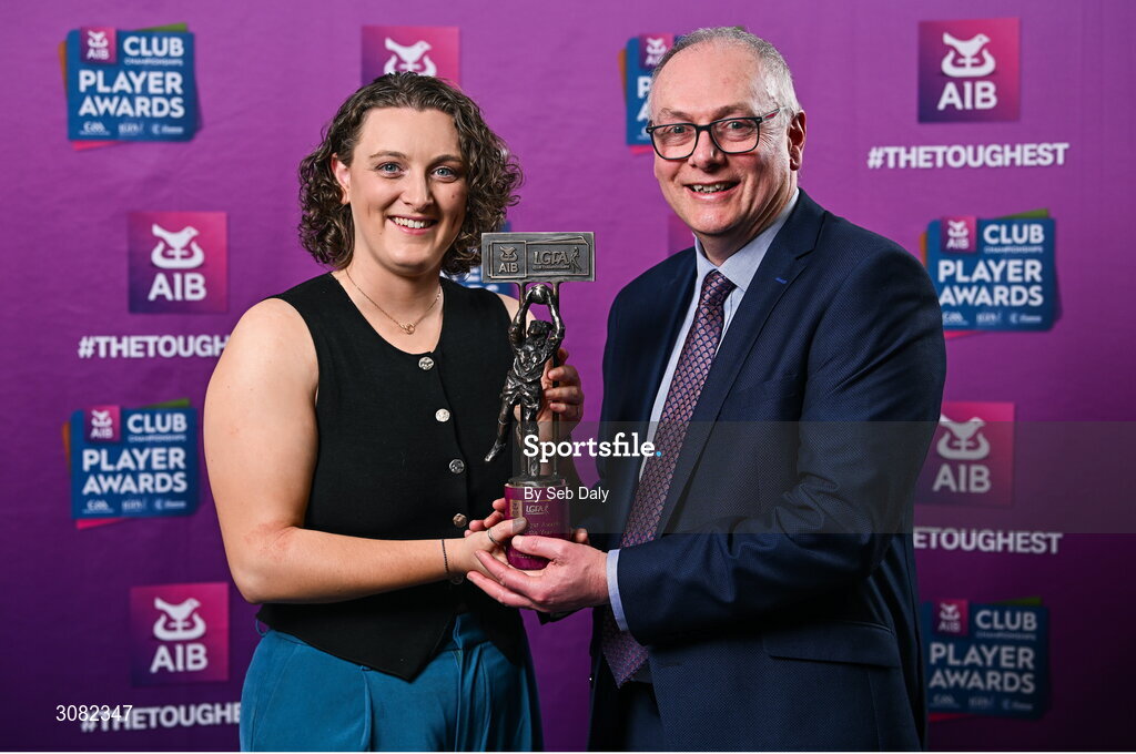 21 March 2025; Kilmacud Crokes ladies footballer Dearbhla Gower with her father David during the AIB Club Player Awards at Croke Park in Dublin. The AIB Club Player Awards celebrated the best players from club Football, Hurling, Camogie, and LGFA in a single ceremony for the first time, recognising their outstanding achievements on the field throughout the season. Photo by Seb Daly/Sportsfile
